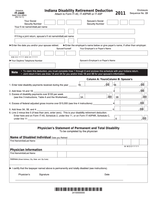 Fillable State Form 46003 - Schedule It-2440 - Indiana Disability Retirement Deduction - 2011 Printable pdf