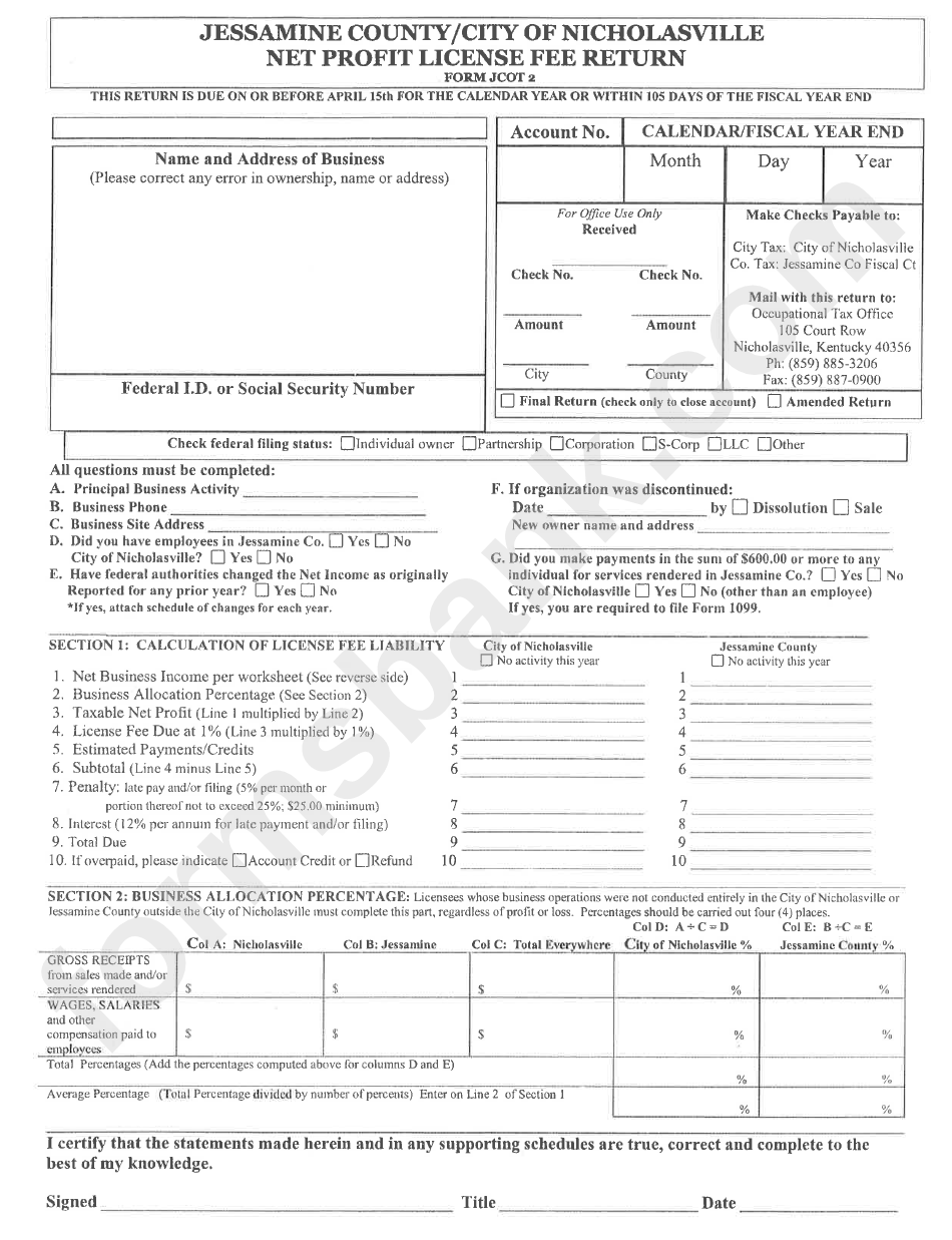 Form Jcot2 Net Profit License Fee Return printable pdf download