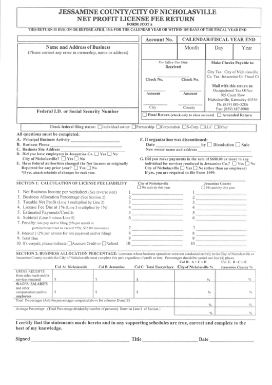 Form Jcot2 - Net Profit License Fee Return Printable pdf
