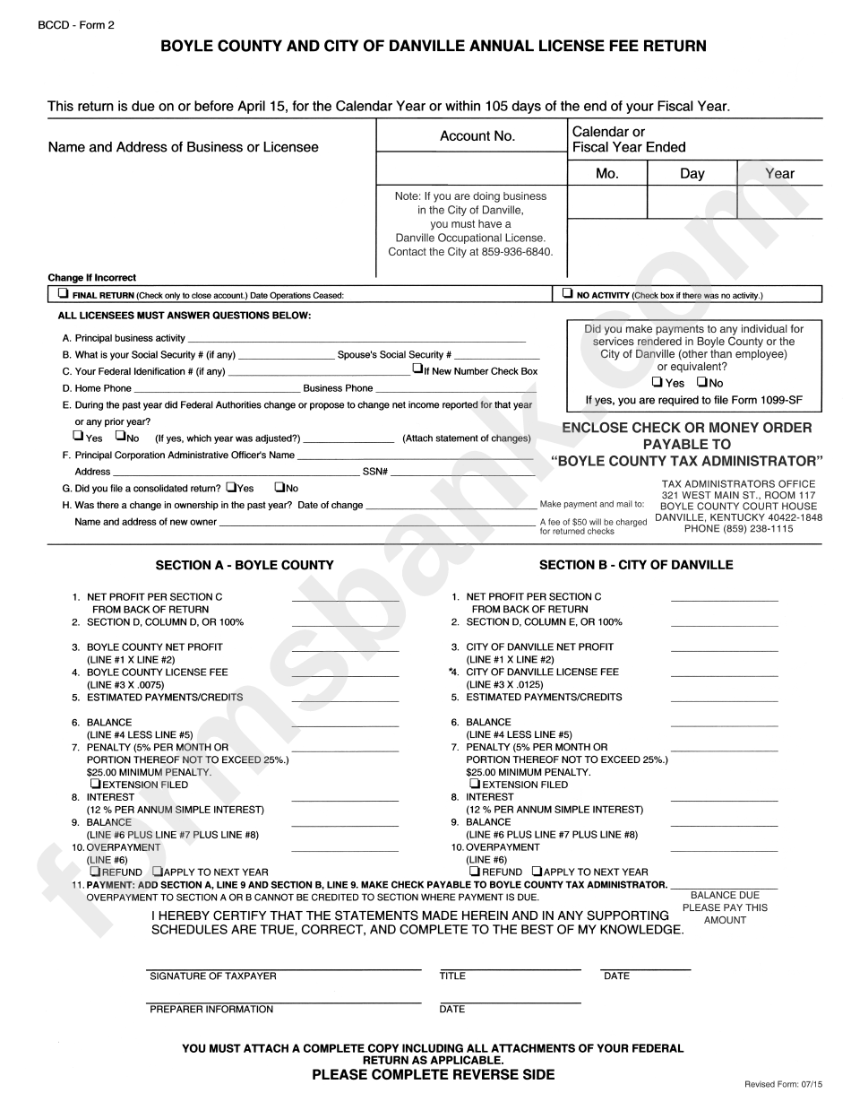 Bccd Form 2 - Boyle Country And City Of Danville Annual License Fee Return