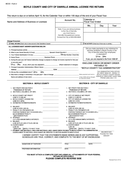 Bccd Form 2 - Boyle Country And City Of Danville Annual License Fee Return Printable pdf
