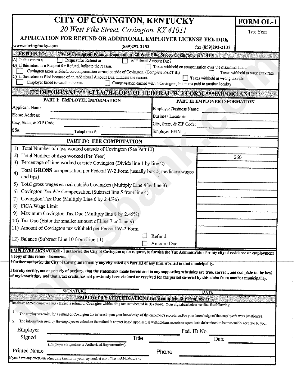Form Ol-1 - Application For Refund Or Additional Employee License Fee Due