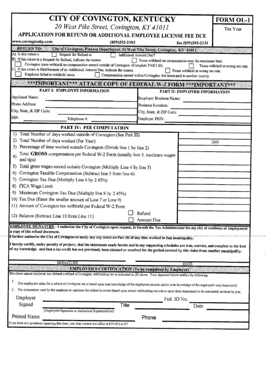Form Ol-1 - Application For Refund Or Additional Employee License Fee Due Printable pdf