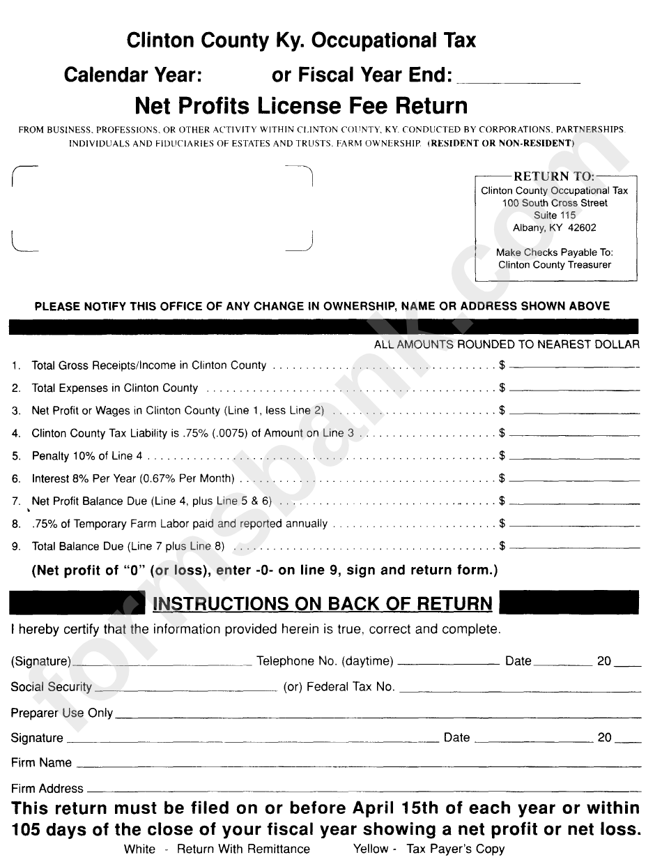 Net Profit License Fee Return Clinton Country printable pdf download