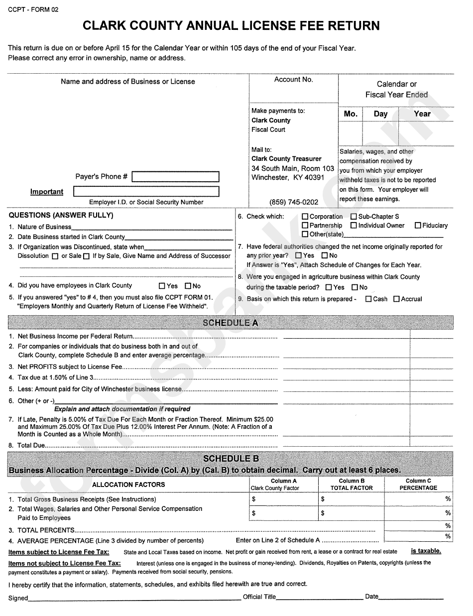 Ccpt Form 02 Annual License Fee Return Clark Country printable pdf