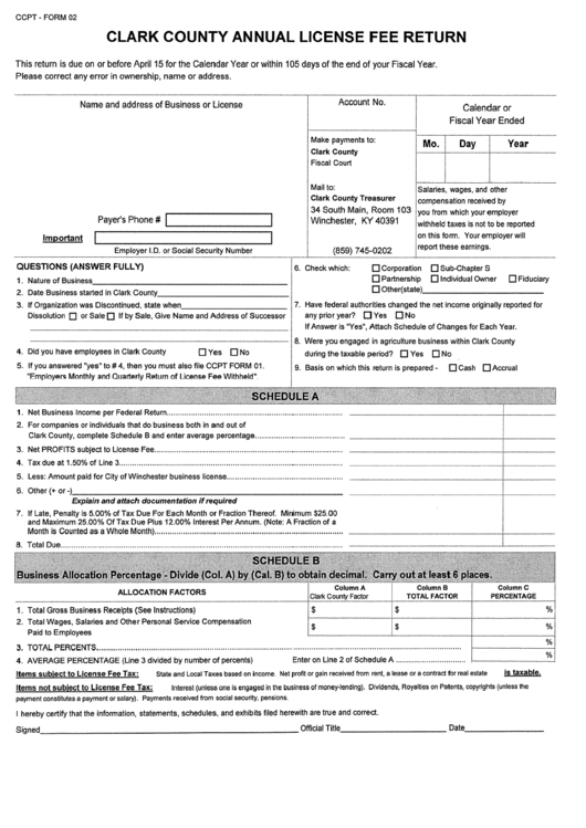 Ccpt Form 02 - Annual License Fee Return - Clark Country Printable pdf