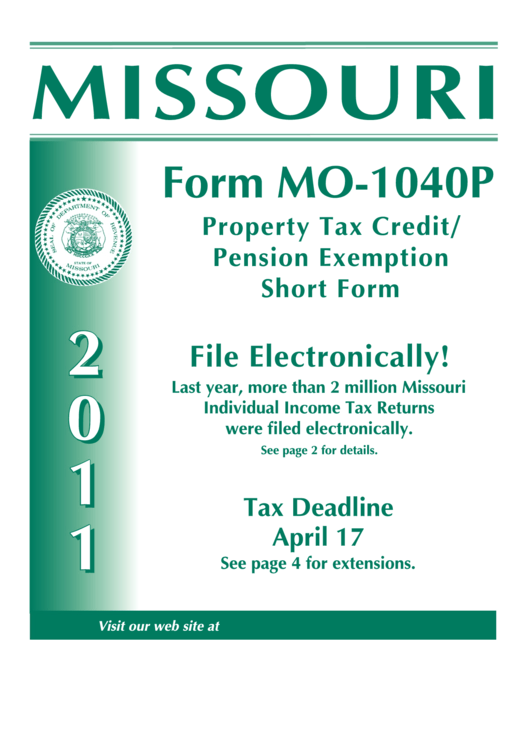 Form Mo-1040p - Booklet Missouri Property Tax Credit/ Pension Exemption Short Form - 2011 Printable pdf