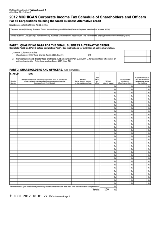 Form 4894 - Michigan Corporate Income Tax Schedule Of Shareholders And Officers - 2012 Printable pdf