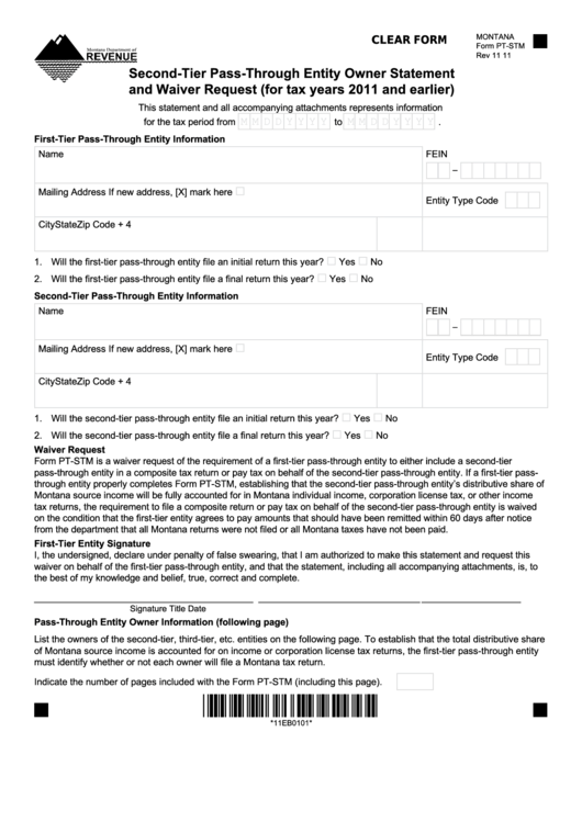 Fillable Montana Form Pt-Stm - Second-Tier Pass-Through Entity Owner Statement And Waiver Request (For Tax Years 2011 And Earlier) Printable pdf