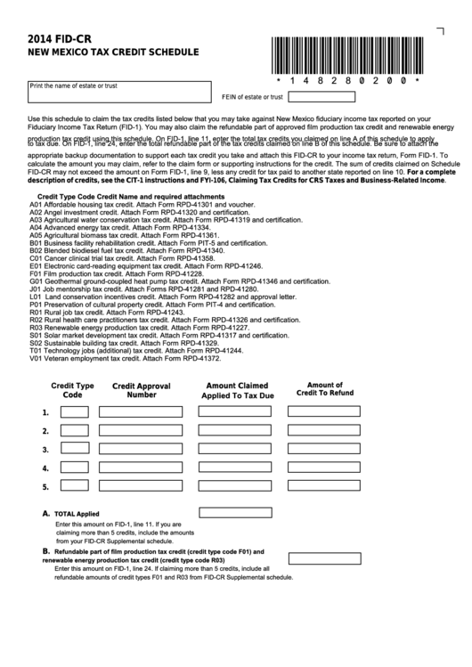Form FidCr New Mexico Tax Credit Schedule 2014 printable pdf download