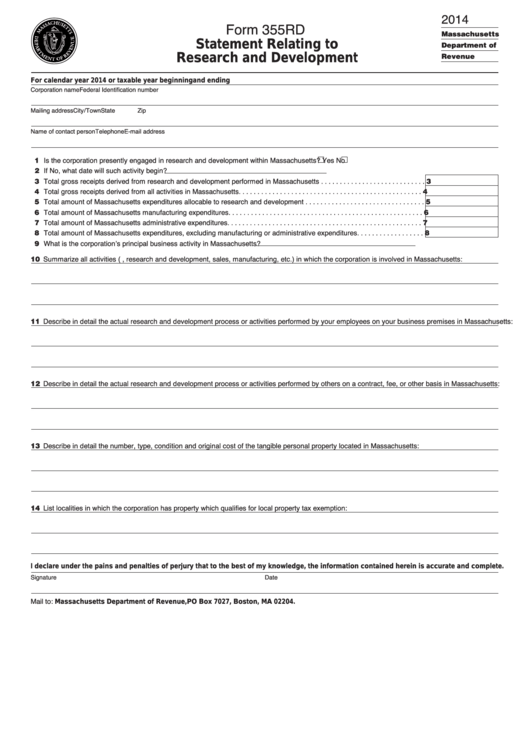 Form 355rd - Statement Relating To Research And Development - 2014 Printable pdf