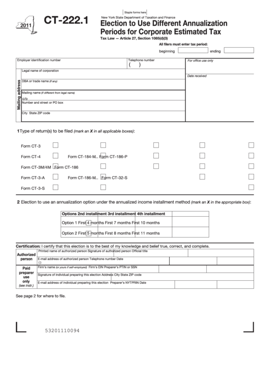 Form Ct-222.1 - Election To Use Different Annualization Periods For Corporate Estimated Tax - 2011 Printable pdf
