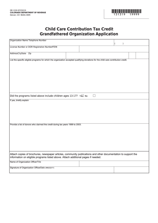 Fillable Form Dr 1319 - Child Care Contribution Tax Credit Grandfathered Organization Application Printable pdf