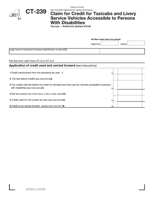 Form Ct-239 - Claim For Credit For Taxicabs And Livery Service Vehicles Accessible To Persons With Disabilities - 2011 Printable pdf