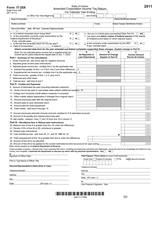 Form It-20x - Amended Corporation Income Tax Return - 2011 Printable pdf