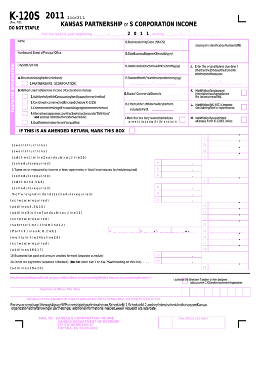 Form K-120s - Kansas Partnership Or S Corporation Income - 2011 Printable pdf