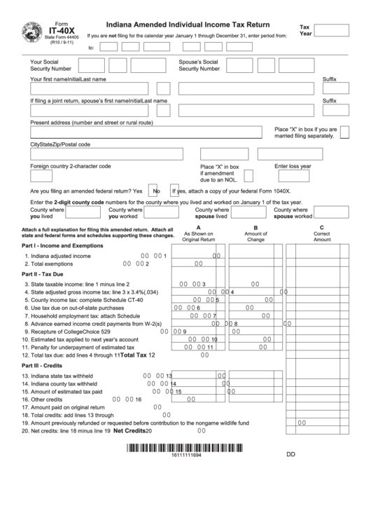 Fillable Form It40x Indiana Amended Individual Tax Return
