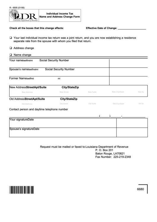 Fillable Form R-6505 - Individual Income Tax Name And Address Change Form Printable pdf
