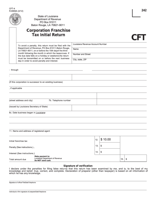 Form R-6906a - Corporation Franchise Tax Initial Return Printable pdf