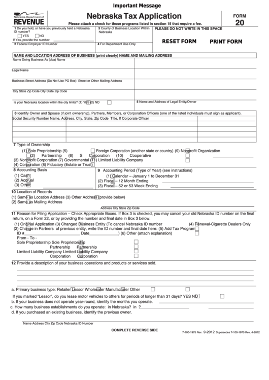 Fillable Form 20 - Nebraska Tax Application Printable pdf