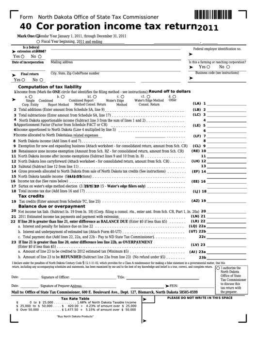 Fillable Form 40 - Corporation Income Tax Return - 2011 Printable pdf