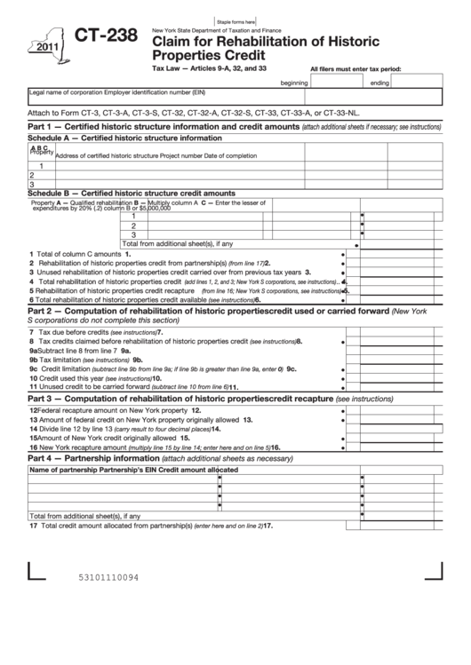 Form Ct-238 - Claim For Rehabilitation Of Historic Properties Credit - 2011 Printable pdf