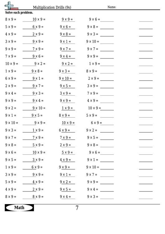 Multiplication Drills 9s Multiplication Worksheet With Answers Printable Pdf Download