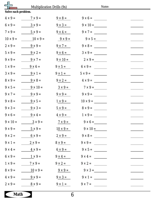 Multiplication Drills (9s) - Multiplication Worksheet With Answers Printable pdf