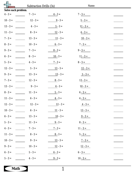 Subtraction Drills (3s) - Subtraction Worksheet With Answers printable ...