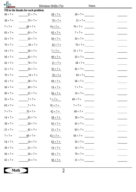 Division Drills (7s) - Division Worksheet With Answers Printable pdf