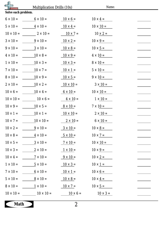 Multiplication Drills (10s) - Multiplication Worksheet With Answers Printable pdf
