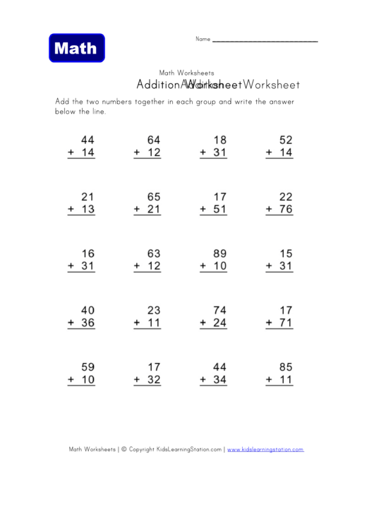 Addition Math Worksheet Printable pdf