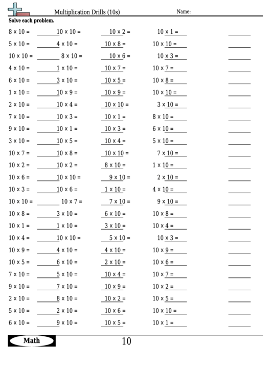 Multiplication Drills (10s) - Multiplication Worksheet With Answers Printable pdf