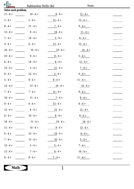 Subtraction Drills (4s) - Subtraction Worksheet With Answers Printable pdf