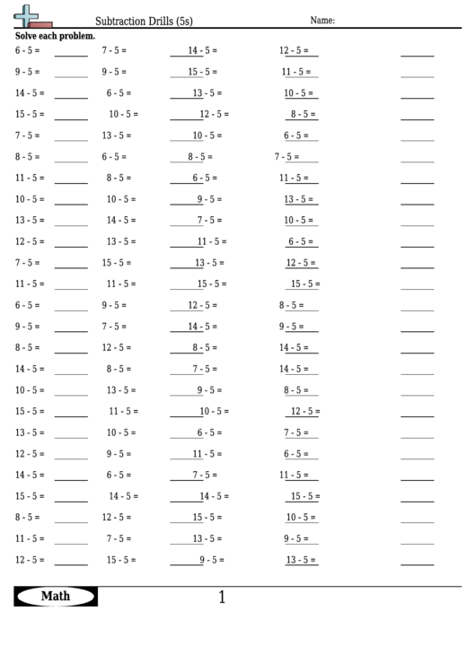 Subtraction Drills (5s) - Subtraction Worksheet With Answers Printable pdf
