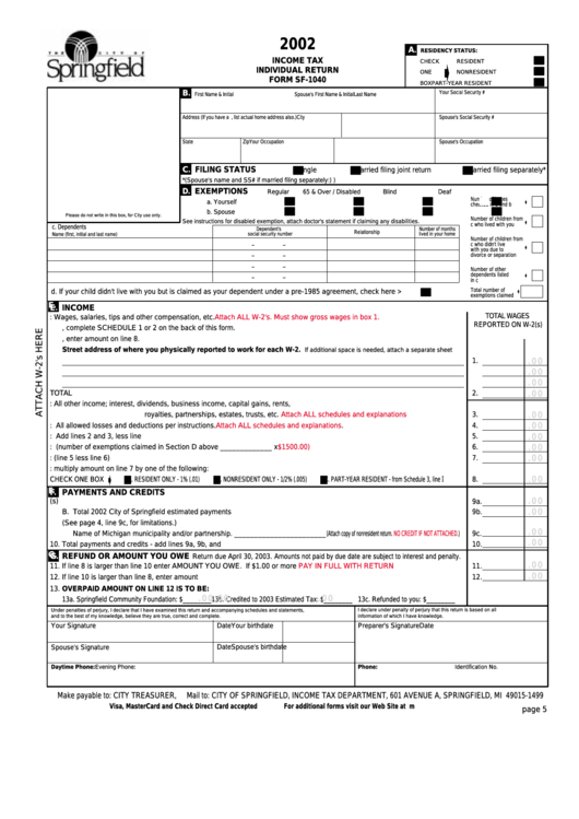 Form Sf-1040 - Income Tax Individual Return - 2002 Printable pdf