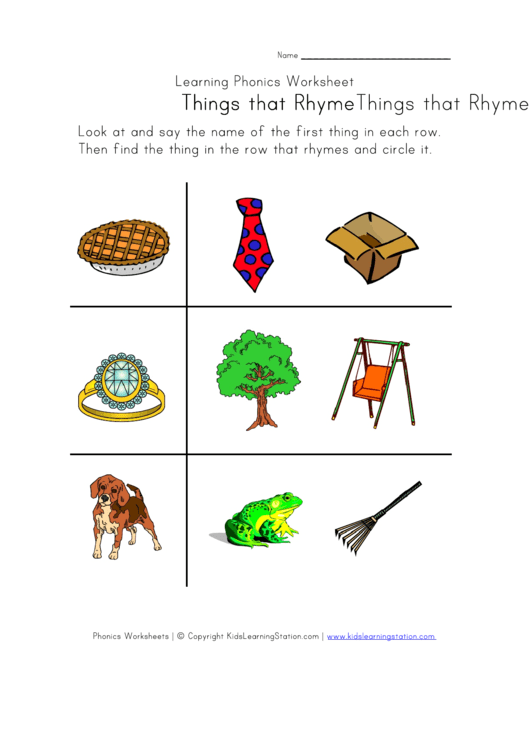 Things That Rhyme Worksheet Printable pdf