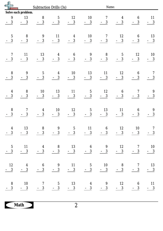 Subtraction Drills (3s) - Subtraction Worksheet With Answers printable ...