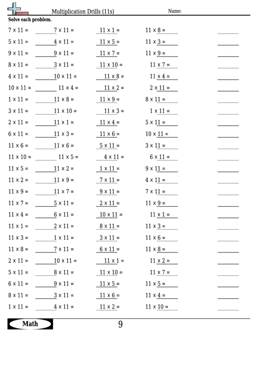 Multiplication Drills (11s) - Multiplication Worksheet With Answers Printable pdf