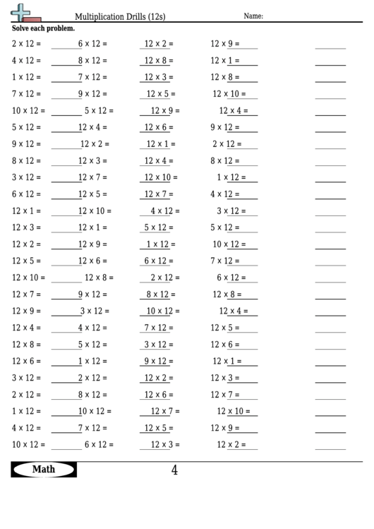 Multiplication Drills (12s) - Multiplication Worksheet With Answers Printable pdf