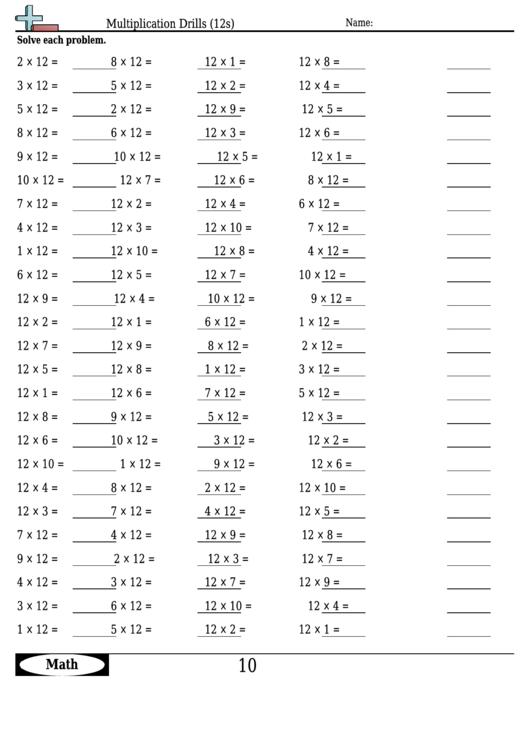 Multiplication Drills (12s) - Multiplication Worksheet With Answers Printable pdf