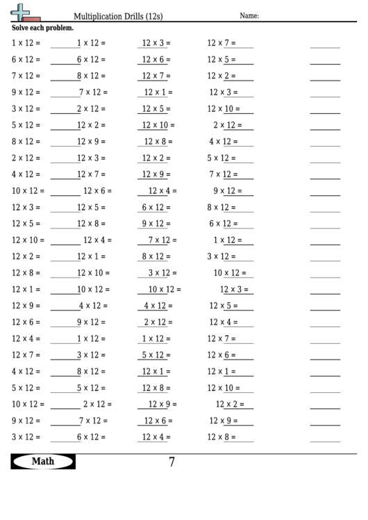 Multiplication Drills (12s) - Multipliaction Worksheet With Answers Printable pdf