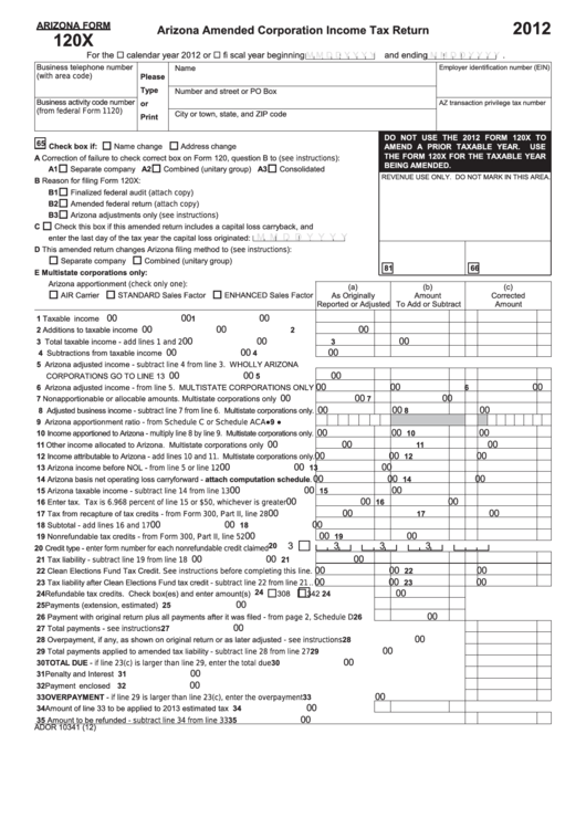 Fillable Arizona Form 120x - Arizona Amended Corporation Income Tax Return - 2012 Printable pdf