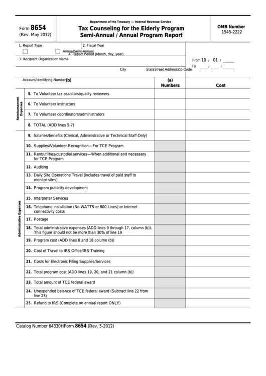 Fillable Form 8654 - Tax Counseling For The Elderly Program Semi-Annual / Annual Program Report Printable pdf