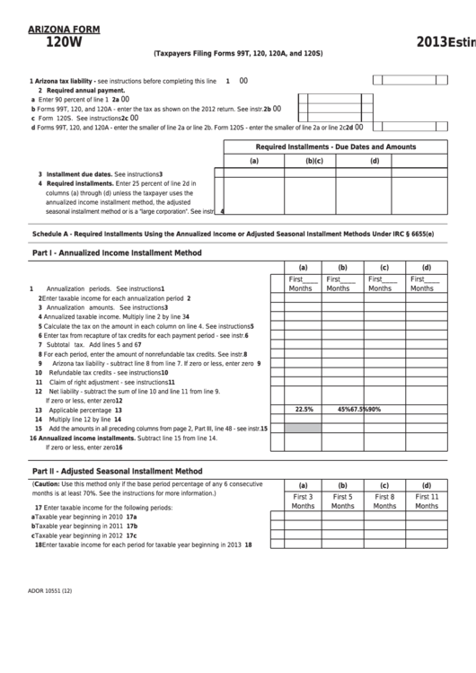 Fillable Arizona Form 120w - Estimated Tax Worksheet For Corporations - 2013 Printable pdf