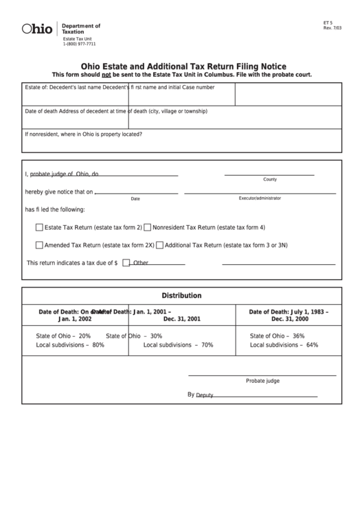 Fillable Form Et 5 - Ohio Estate And Additional Tax Return Filing Notice Printable pdf