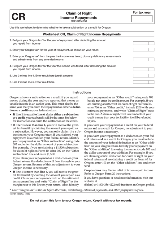 Fillable Form Cr - Claim Of Right Income Repayments Printable pdf