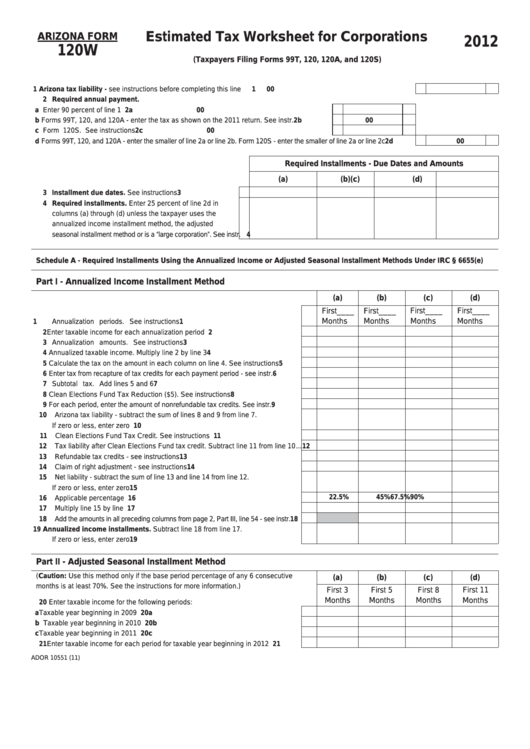 Fillable Arizona Form 120w - Estimated Tax Worksheet For Corporations - 2012 Printable pdf