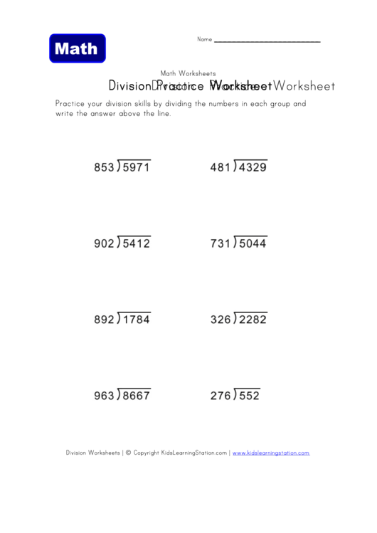 Division Practice Worksheet Printable pdf