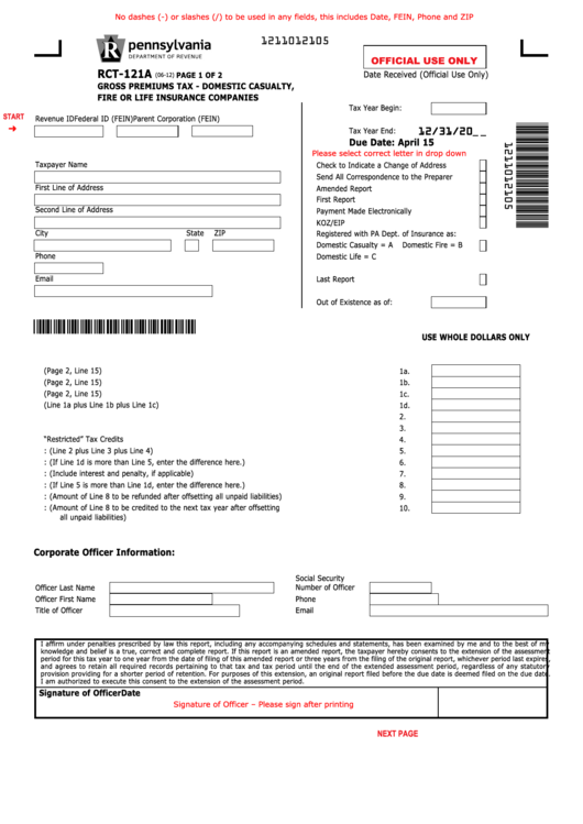 Fillable Form Rct-121a - Gross Premiums Tax - Domestic Casualty, Fire Or Life Insurance Companies Printable pdf